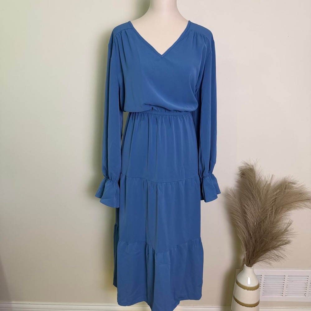 Grace Karin XXL Slate Blue Long Sleeve Tiered V-Neck Midi Dress NWT
